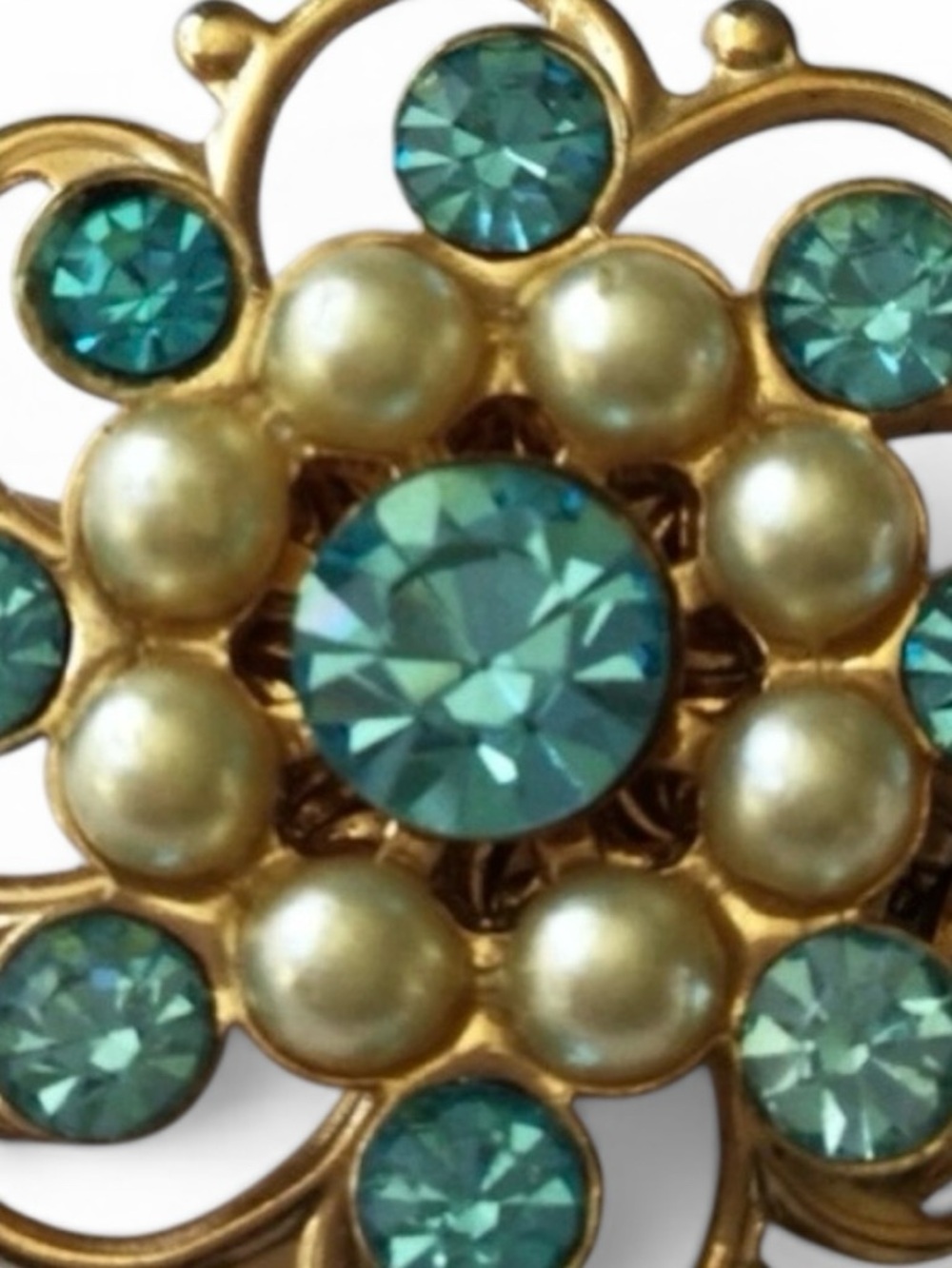 Vintage MCM Gold‑Tone Filigree Flower Brooch Turquoise Rhinestones & Faux Pearls - Picture 6 of 12